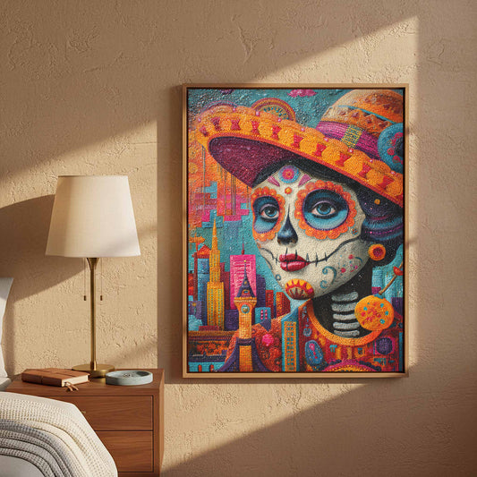 Day of the Dead Canvas Art – canvas print shown framed in a styled room