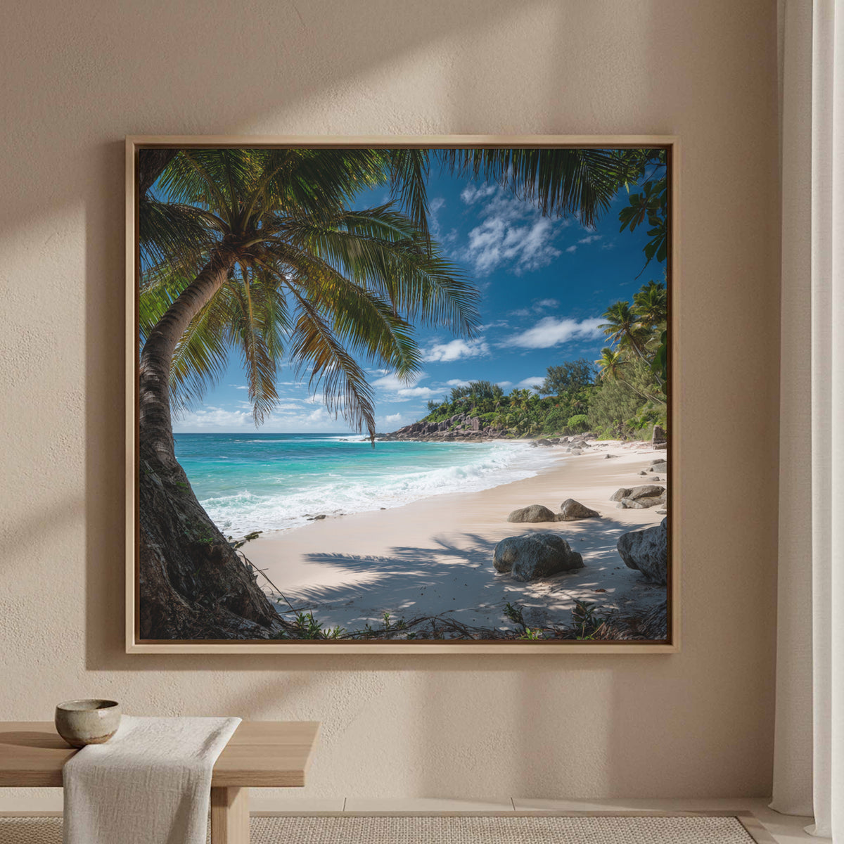 Tropical Beach Palm Tree Canvas Wall Art – styled room view 4