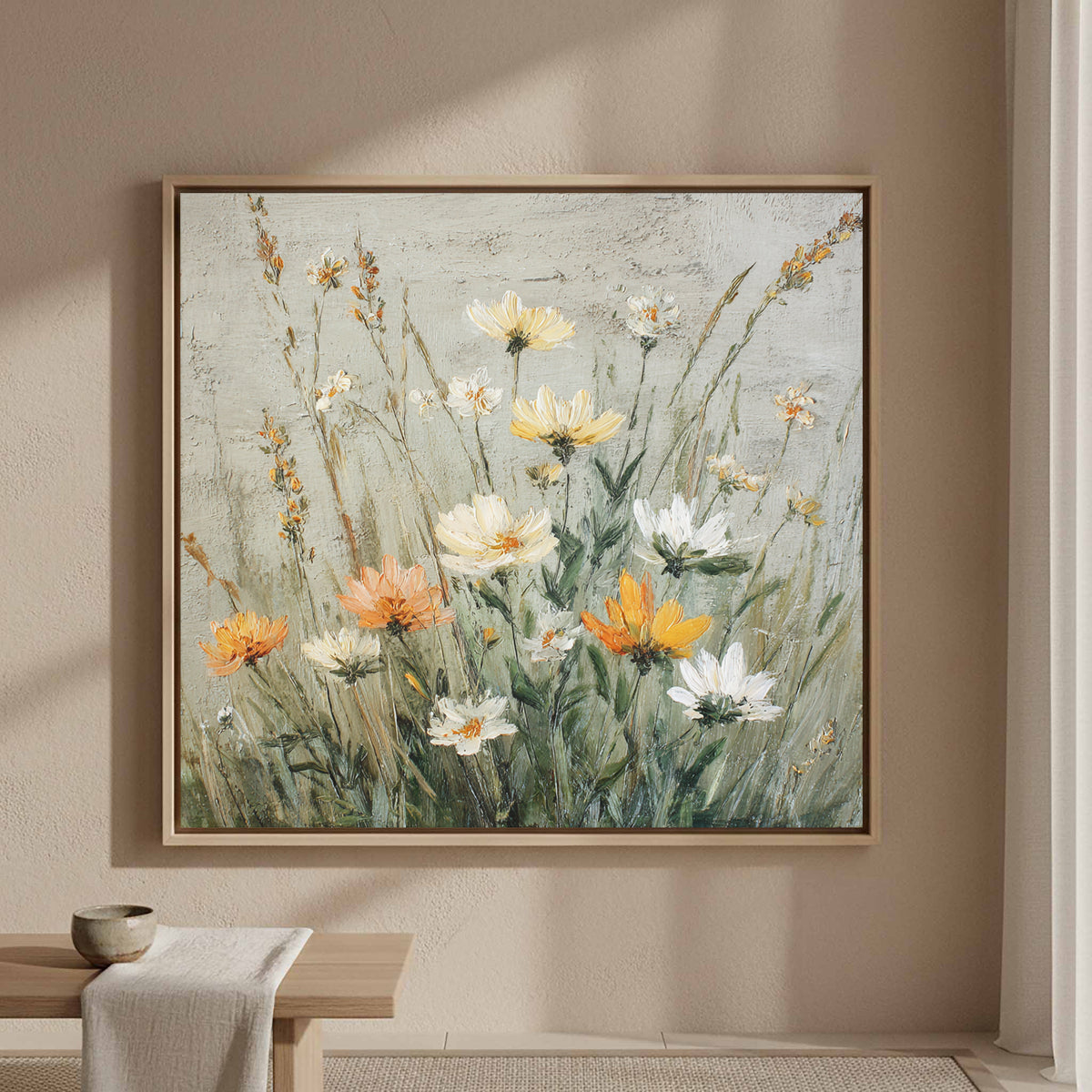 Vintage Wildflower Oil Painting Canvas Art – styled room view 4