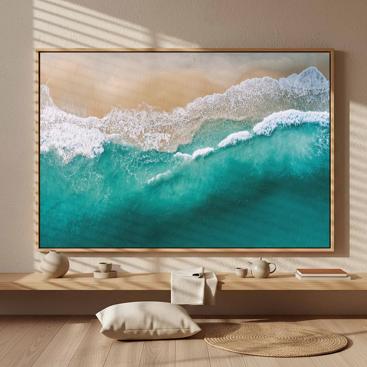 Aerial Ocean Waves Canvas Wall Art – styled room view 5