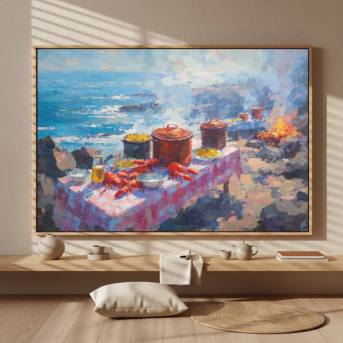 Coastal Lobster Feast Canvas Art – styled room view 4