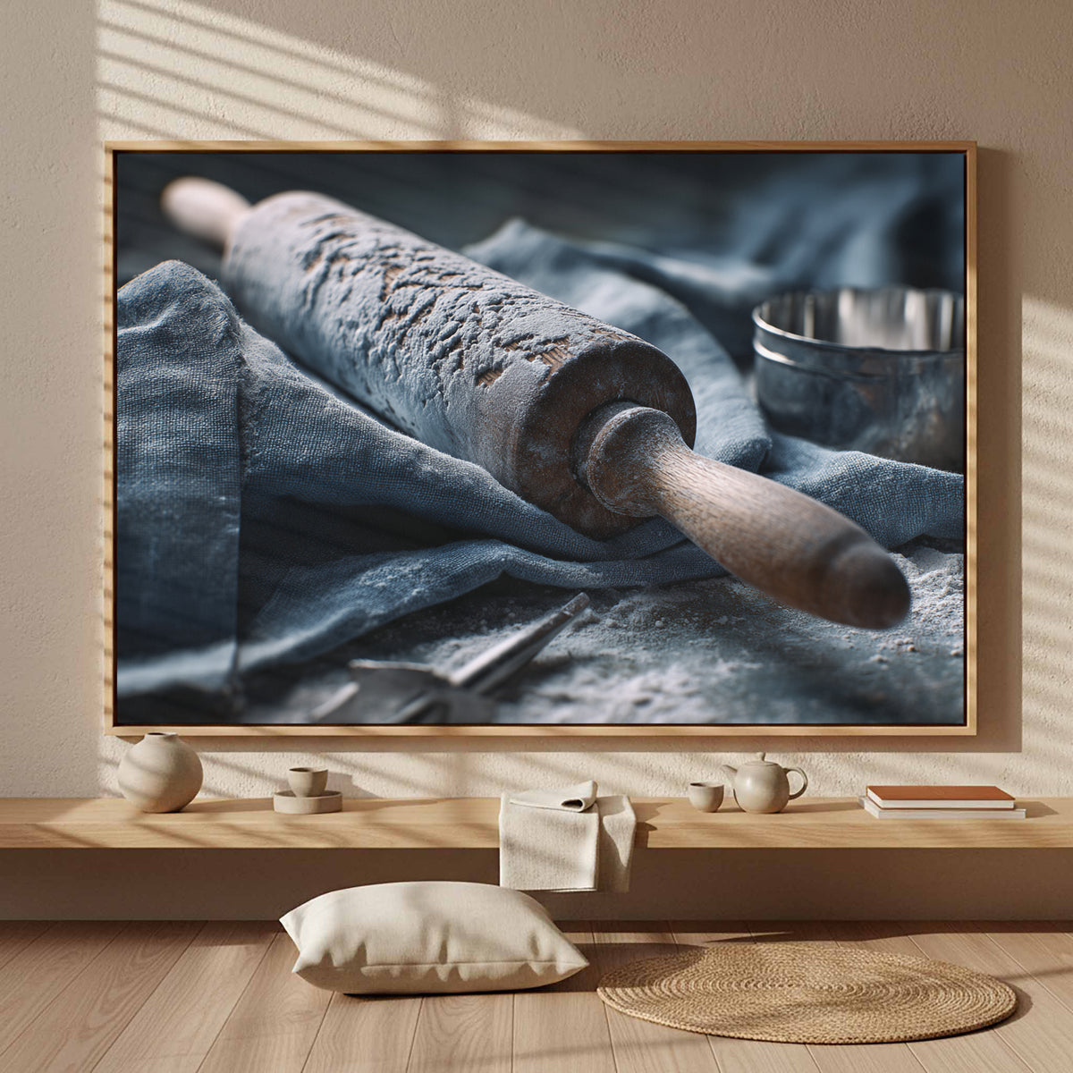 Rustic Kitchen Rolling Pin Canvas Art – styled room view 6