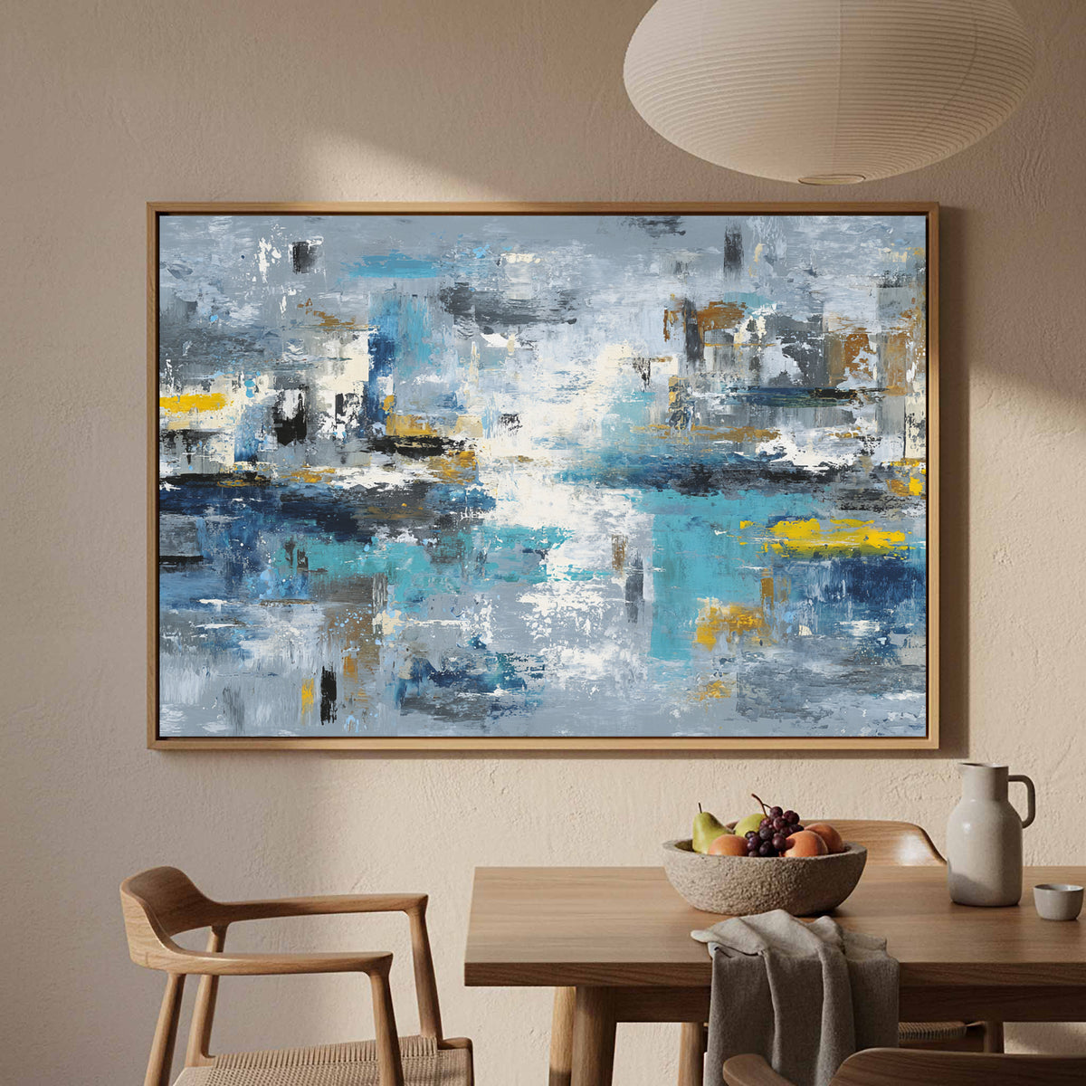 Abstract Blue Gray Canvas Wall Art – styled room view 4
