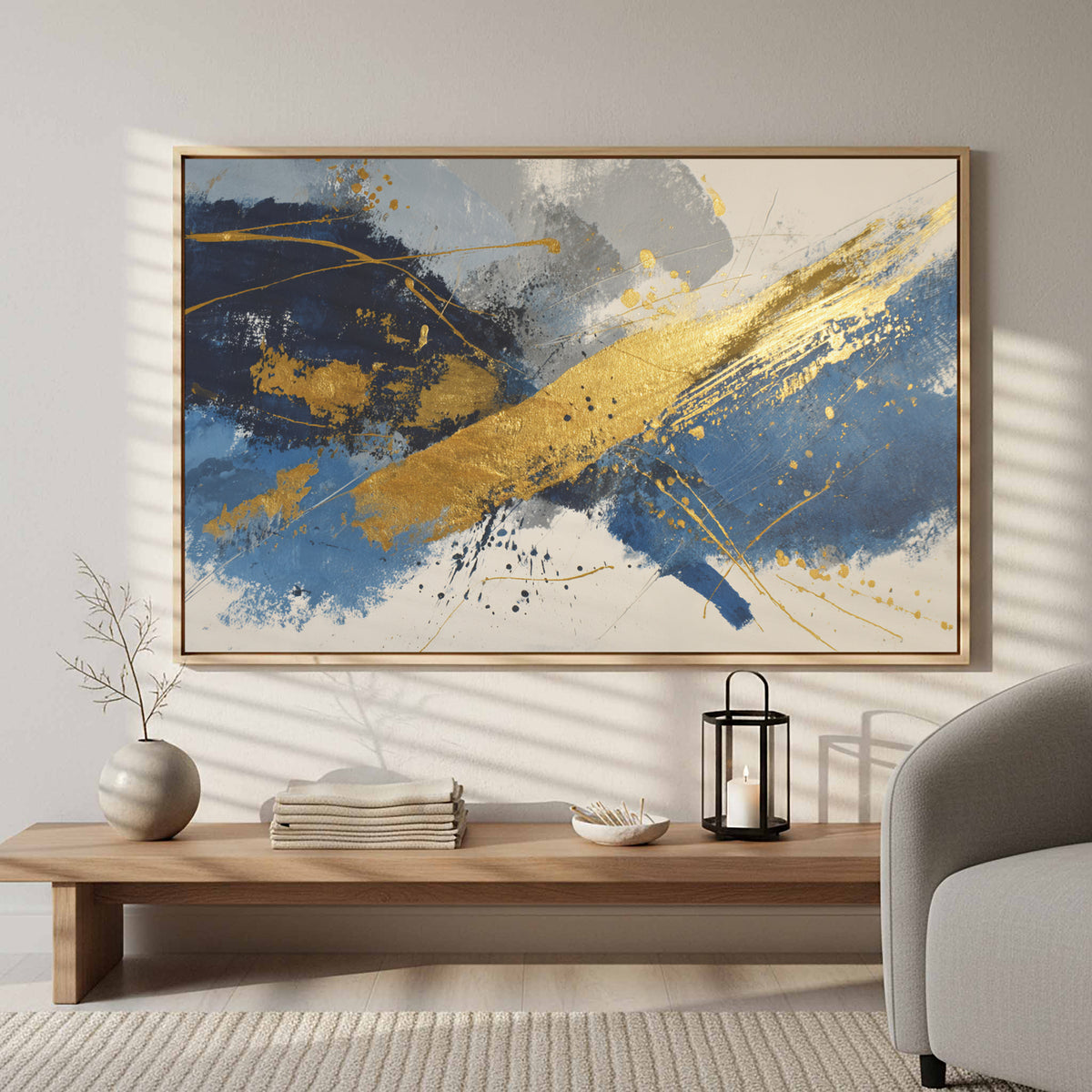 Abstract Gold Blue Canvas Wall Art – styled room view 5