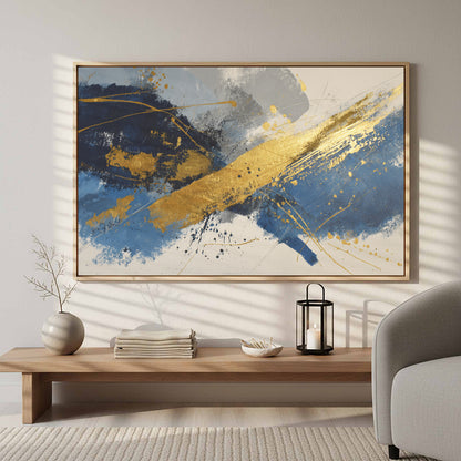 Abstract Gold Blue Canvas Wall Art – styled room view 5