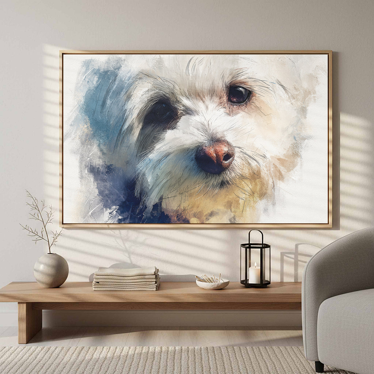 Maltese Dog Portrait Canvas Print – styled room view 5