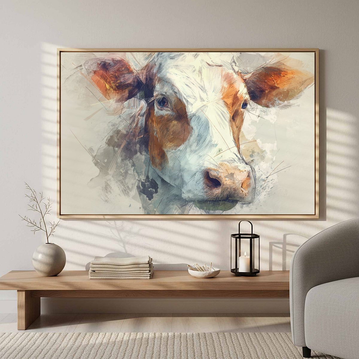 Cow Portrait Canvas Wall Art – styled room view 6