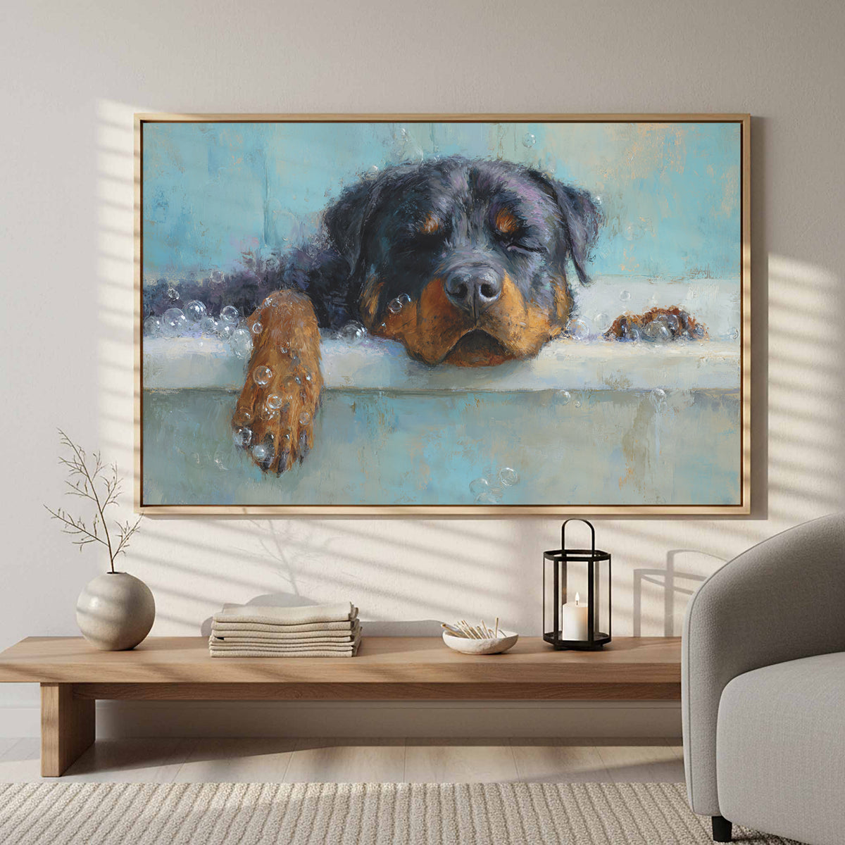Rottweiler Bath Time Art Print – styled room view 6