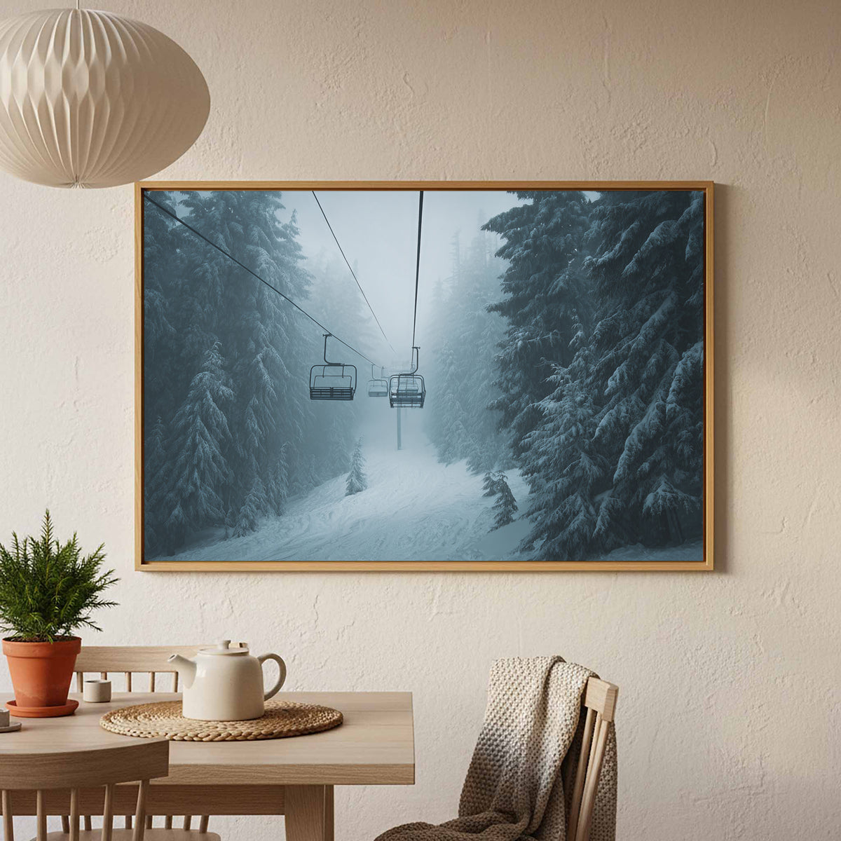 Winter Ski Lift Canvas Wall Art – canvas print shown framed in a styled room