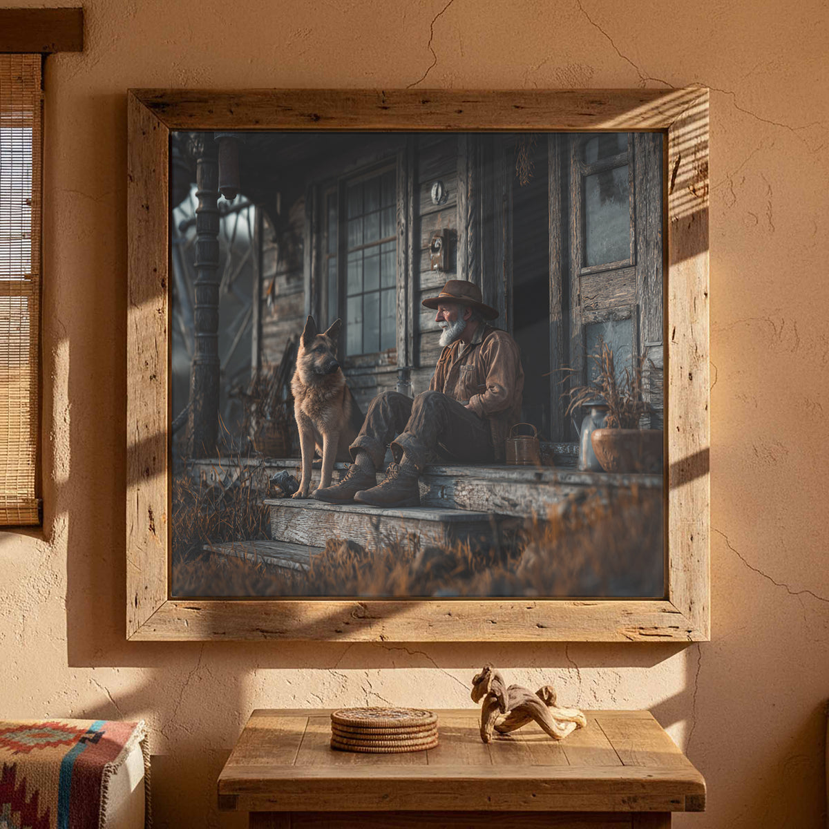 Old Man and Dog Porch Canvas Print – styled room view 6