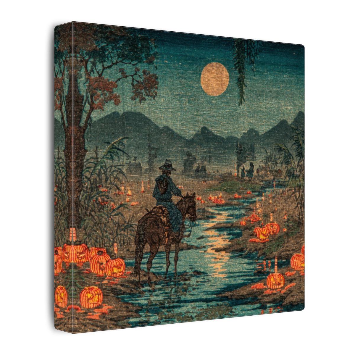 Cowboy Horse River Crossing Japanese Woodblock Print Wall Art – gallery wrapped canvas, side view