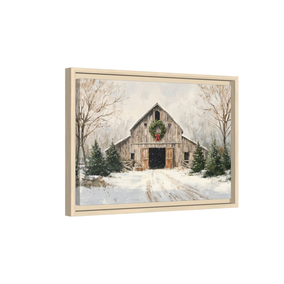 Christmas Barn Canvas Wall Art – natural wood framed canvas