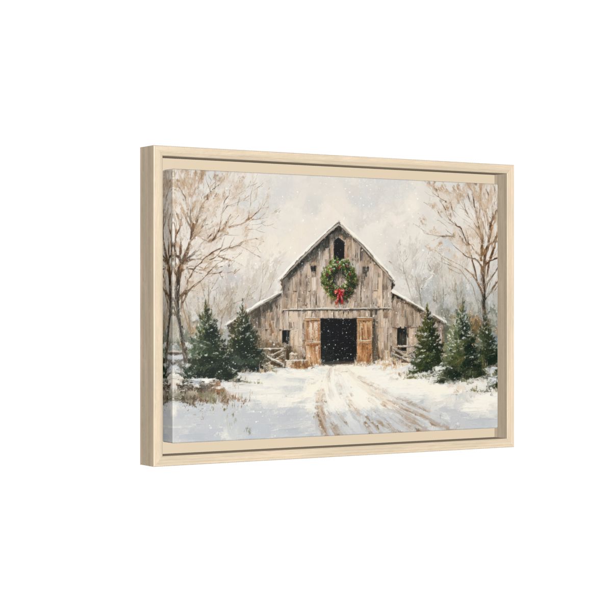 Christmas Barn Canvas Wall Art – natural wood framed canvas