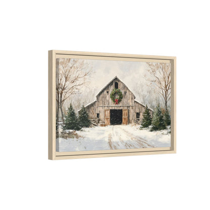 Christmas Barn Canvas Wall Art – natural wood framed canvas