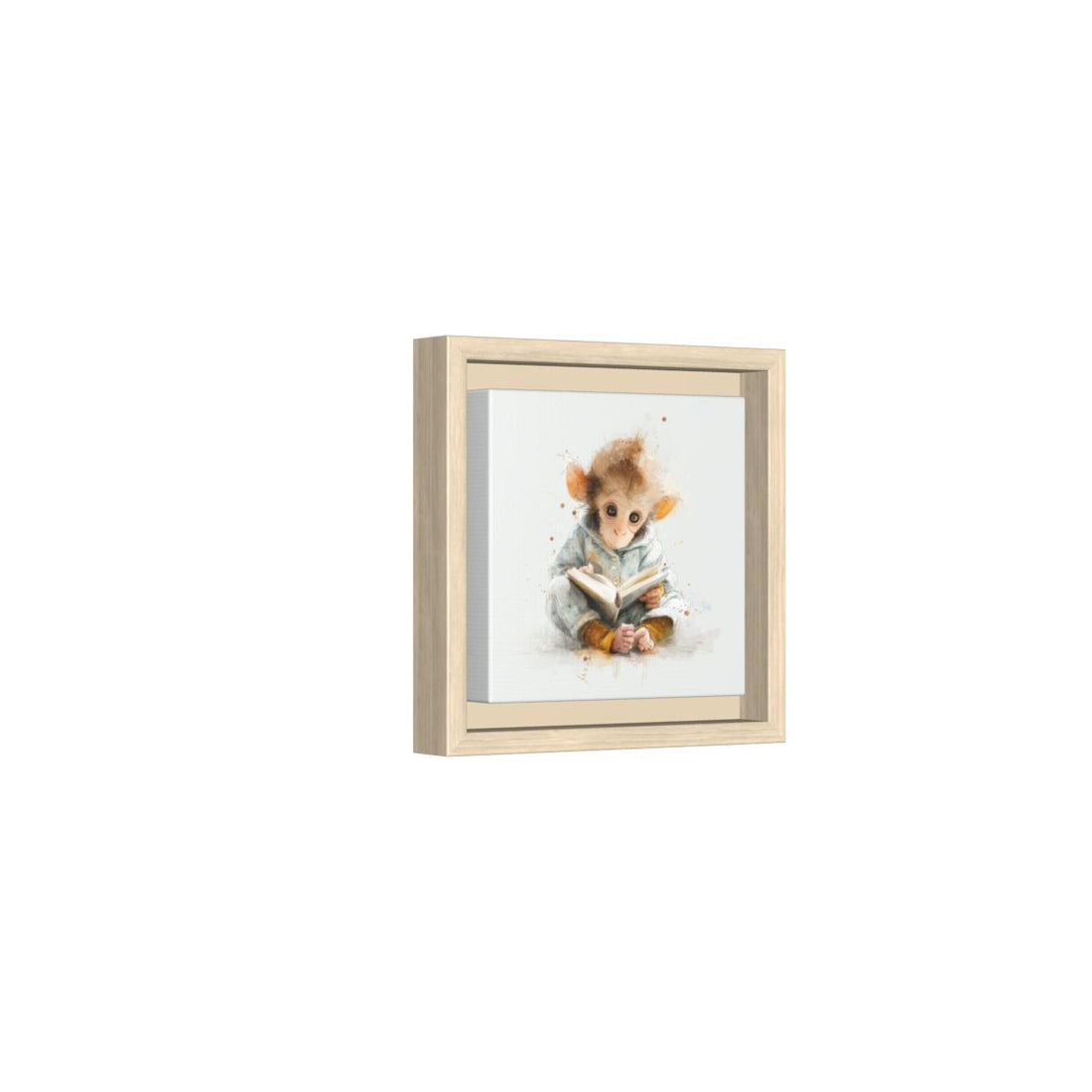 Baby Monkey Reading Wall Art – natural wood framed canvas