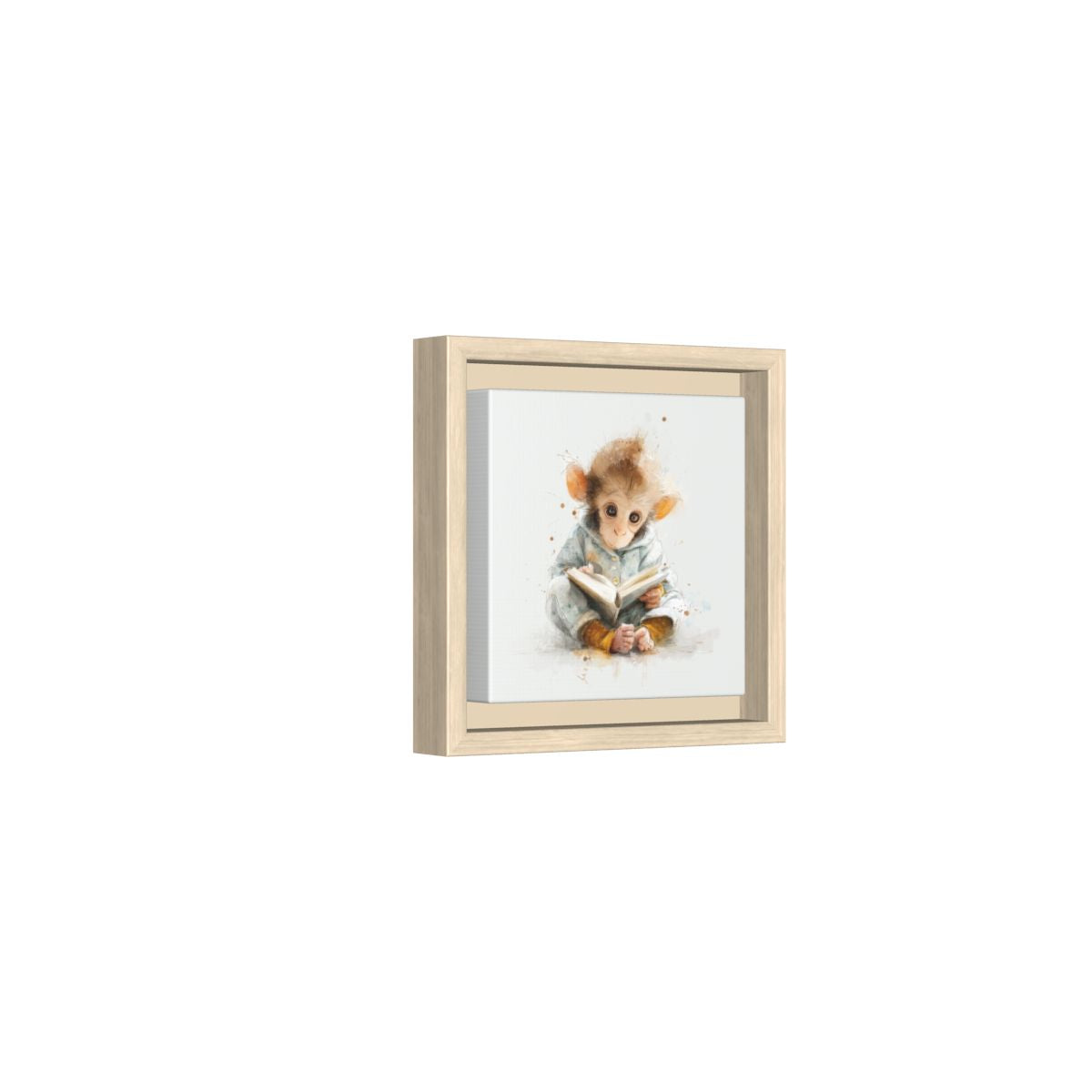 Baby Monkey Reading Wall Art – natural wood framed canvas