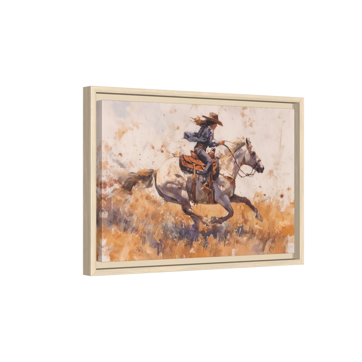 Western Cowgirl Watercolor Canvas Wall Art – natural wood framed canvas