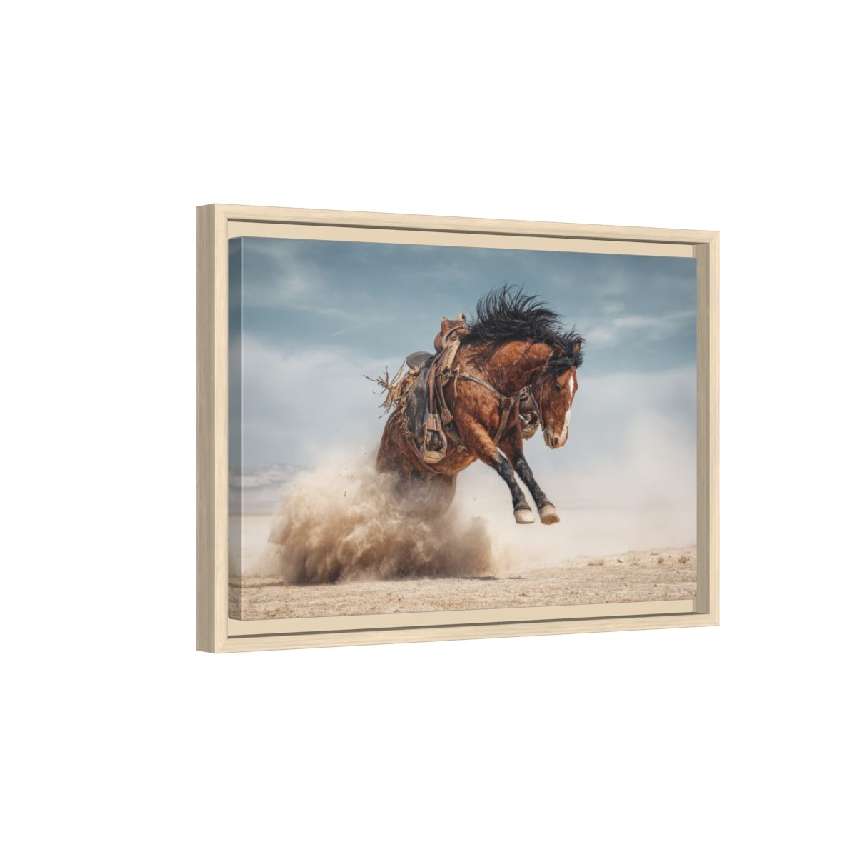Western Bucking Horse Canvas Art – natural wood framed canvas