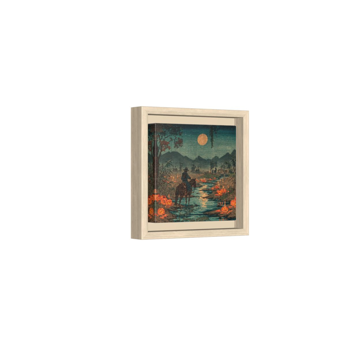 Cowboy Horse River Crossing Japanese Woodblock Print Wall Art – natural wood framed canvas