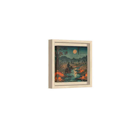 Cowboy Horse River Crossing Japanese Woodblock Print Wall Art – natural wood framed canvas