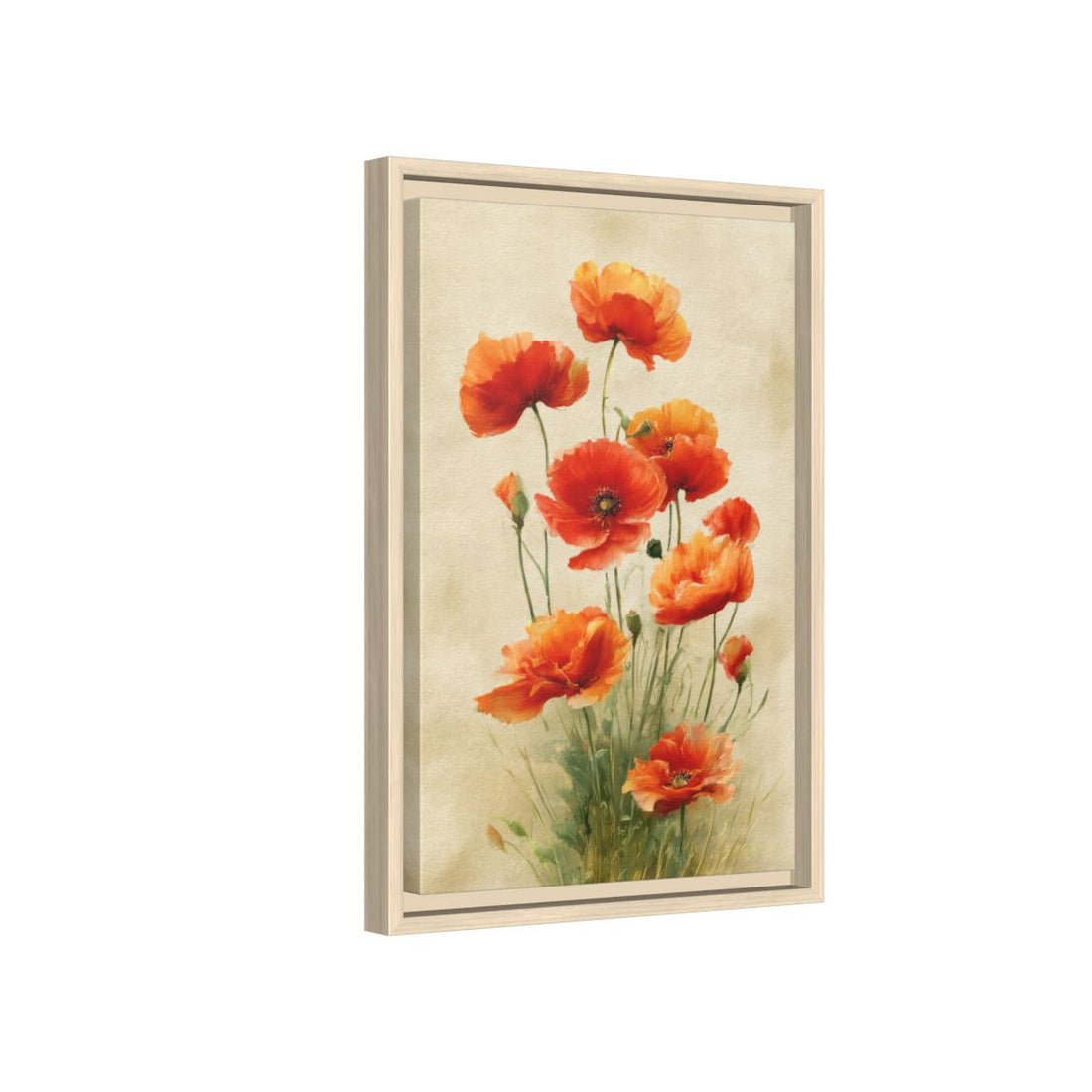 Red Poppy Watercolor Canvas Art – natural wood framed canvas