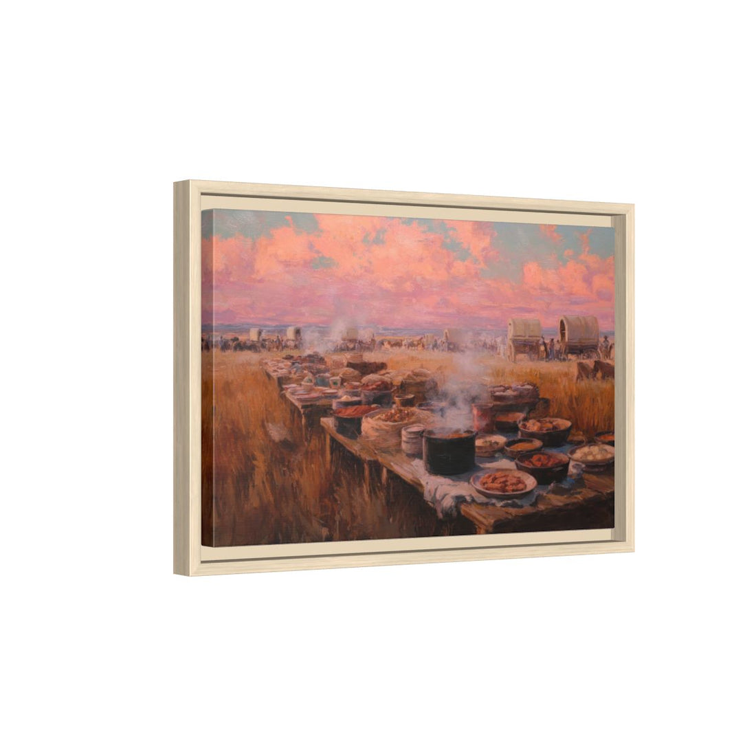 Western Chuckwagon Dinner Canvas Art – natural wood framed canvas