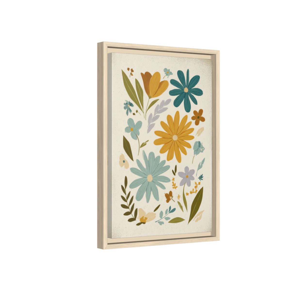 Mid-Century Modern Floral Wall Art – natural wood framed canvas
