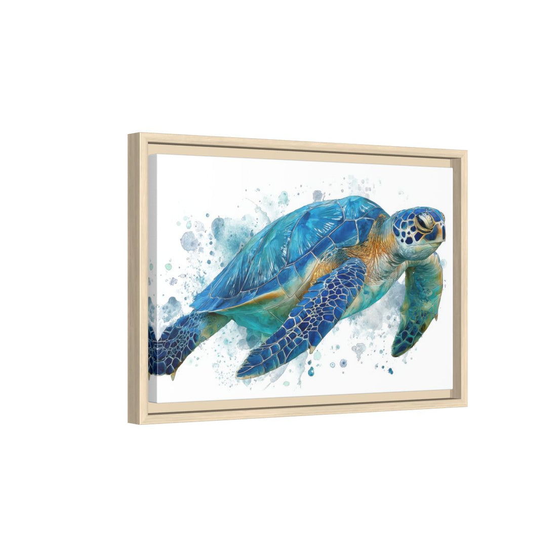 Blue Sea Turtle Watercolor Canvas Print – natural wood framed canvas