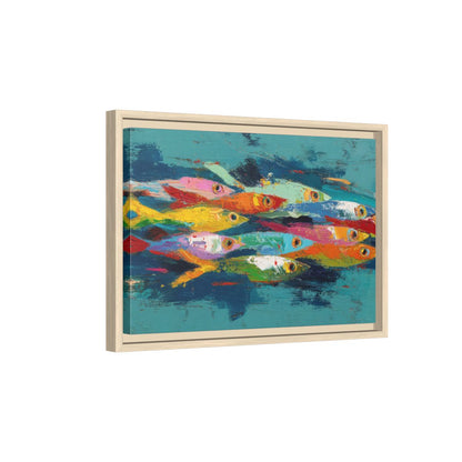 Abstract Fish School Canvas Art – natural wood framed canvas