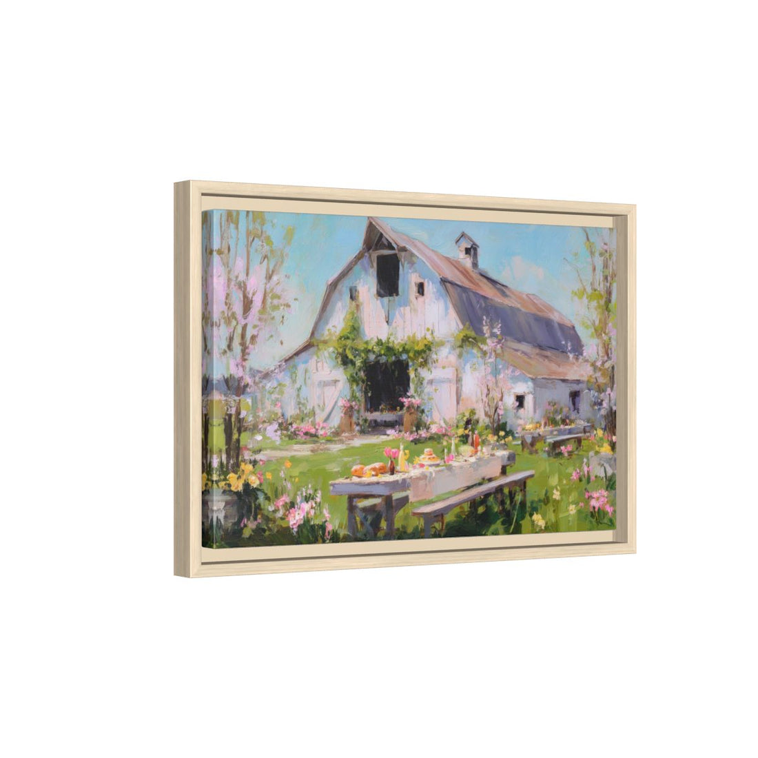Spring Barn Wedding Canvas Print – natural wood framed canvas