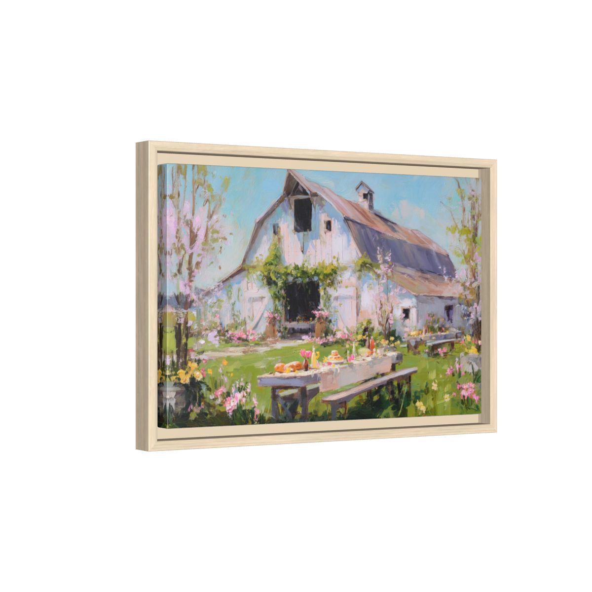 Spring Barn Wedding Canvas Print – natural wood framed canvas