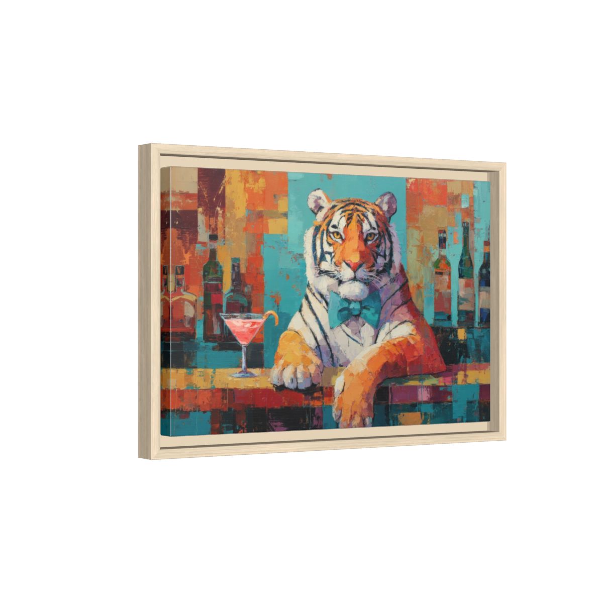 Tiger Bar Portrait Wall Art – natural wood framed canvas