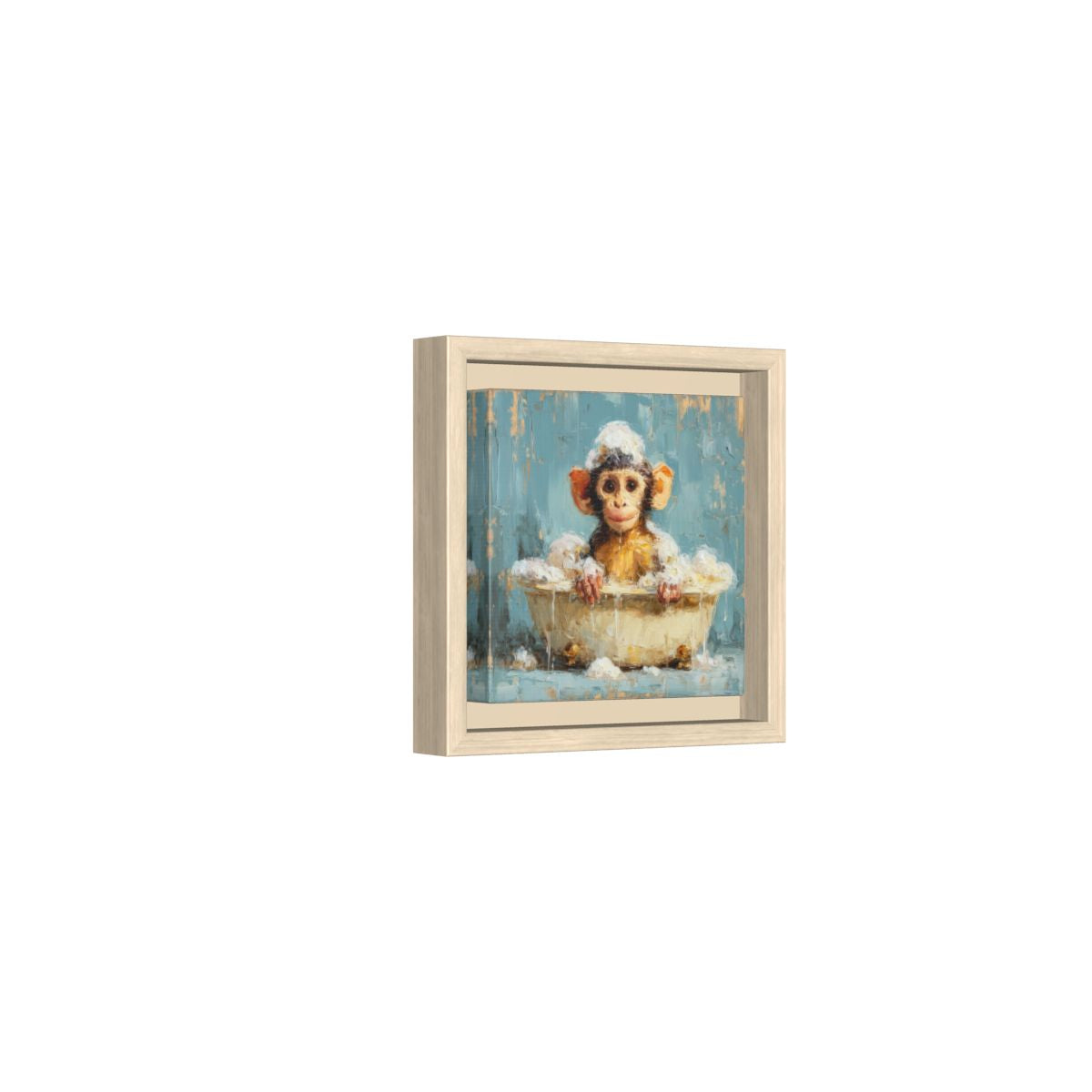 Young Monkey Bathtub Print – natural wood framed canvas