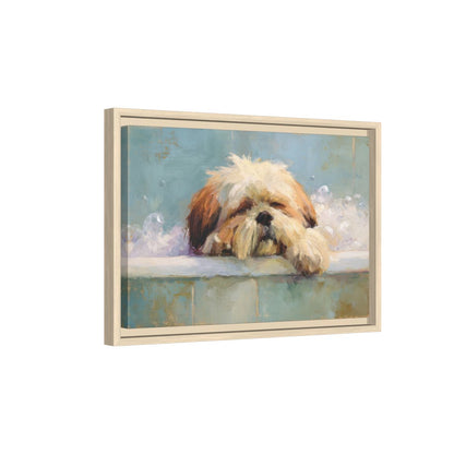 Relaxing Shih Tzu Bath Wall Art – natural wood framed canvas