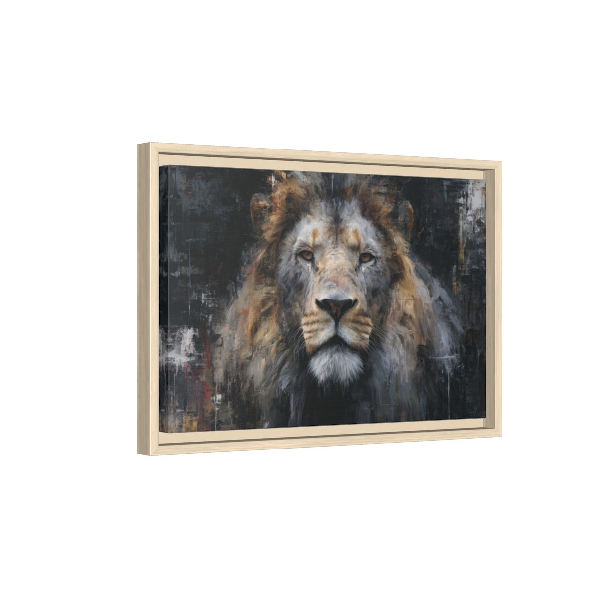Modern Lion Portrait Canvas Wall Art – natural wood framed canvas