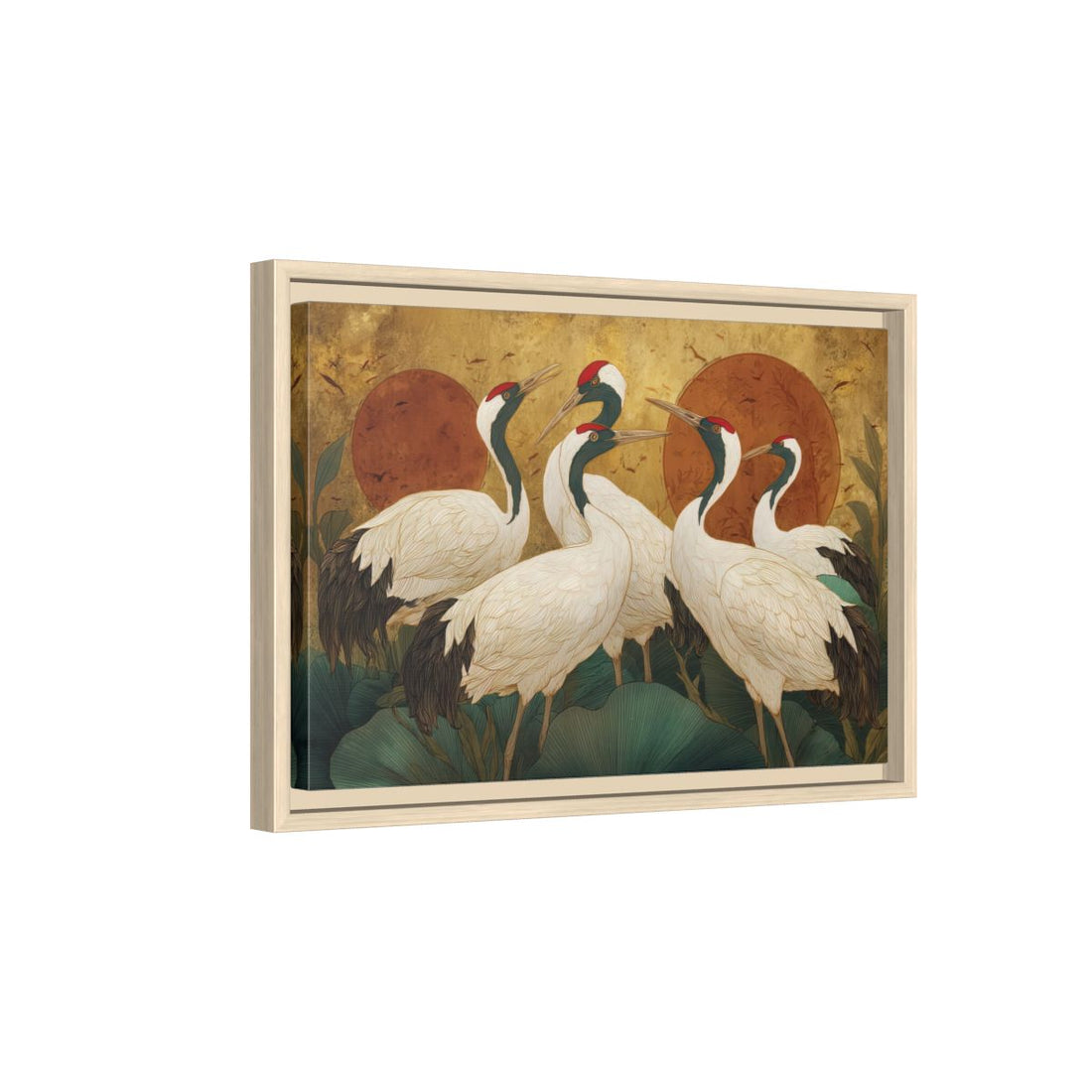 Elegant Crane Art Print – natural wood framed canvas
