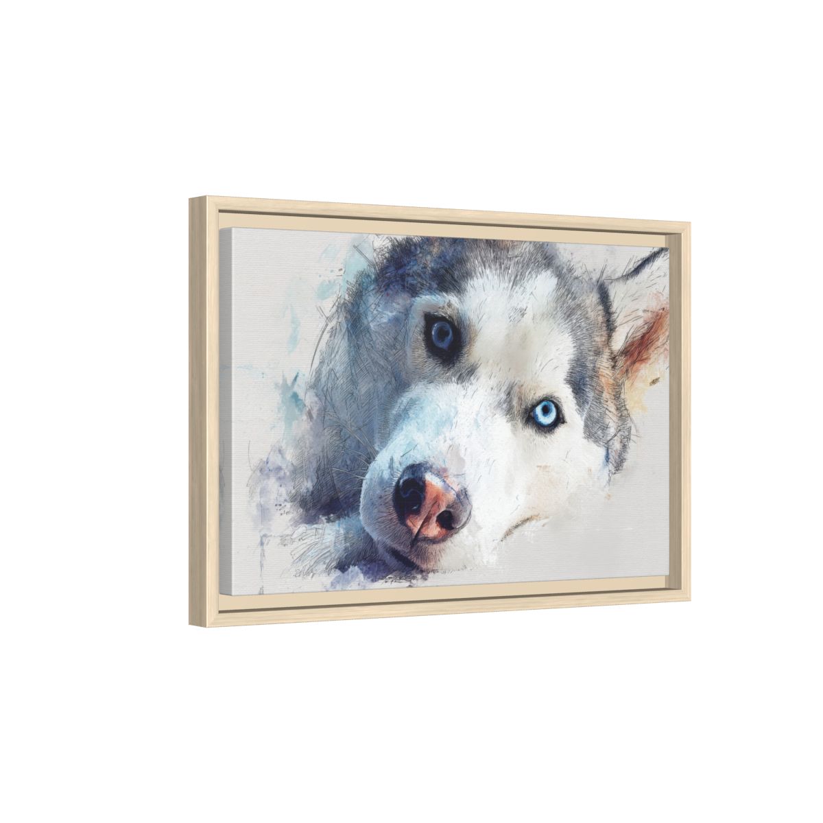 Siberian Husky Watercolor Canvas Print – natural wood framed canvas