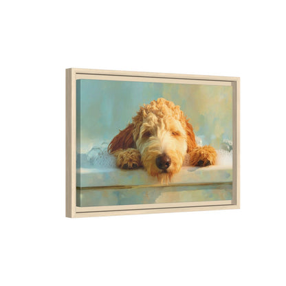 Goldendoodle Bath Time Canvas Print – natural wood framed canvas