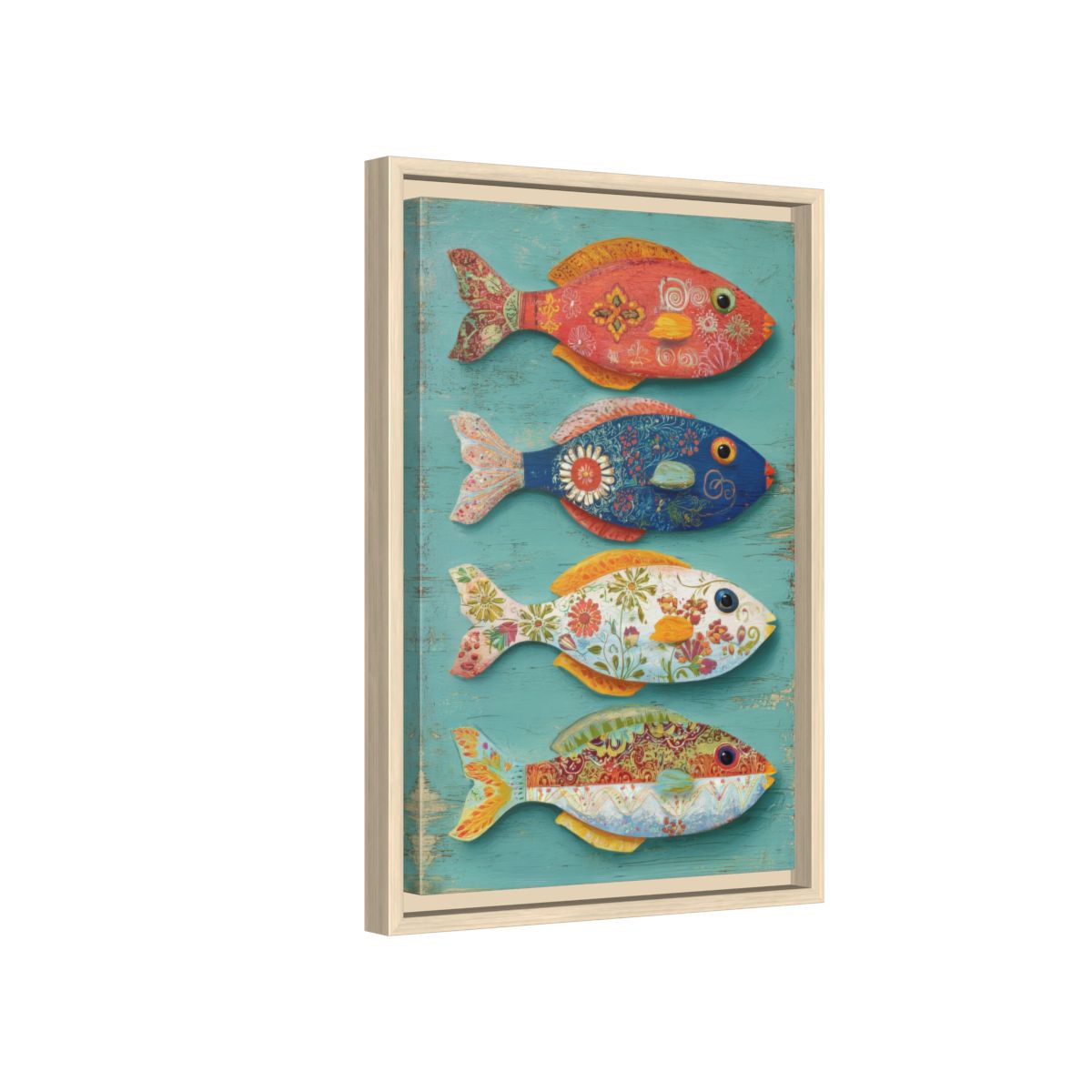 Colorful Folk Art Fish Wall Print – natural wood framed canvas