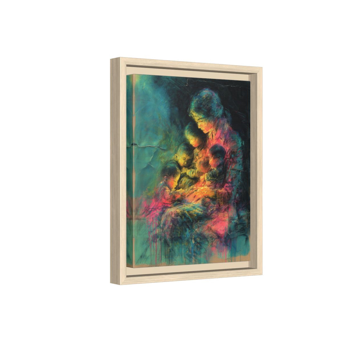 Mother &amp; Children Abstract Canvas Art – natural wood framed canvas