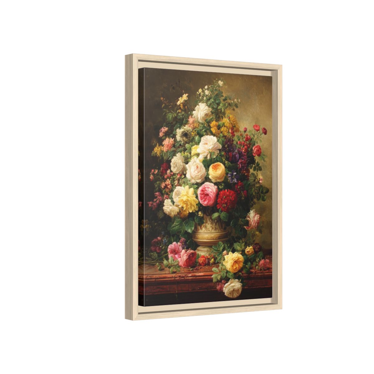 Classic Floral Still Life Canvas Print – natural wood framed canvas