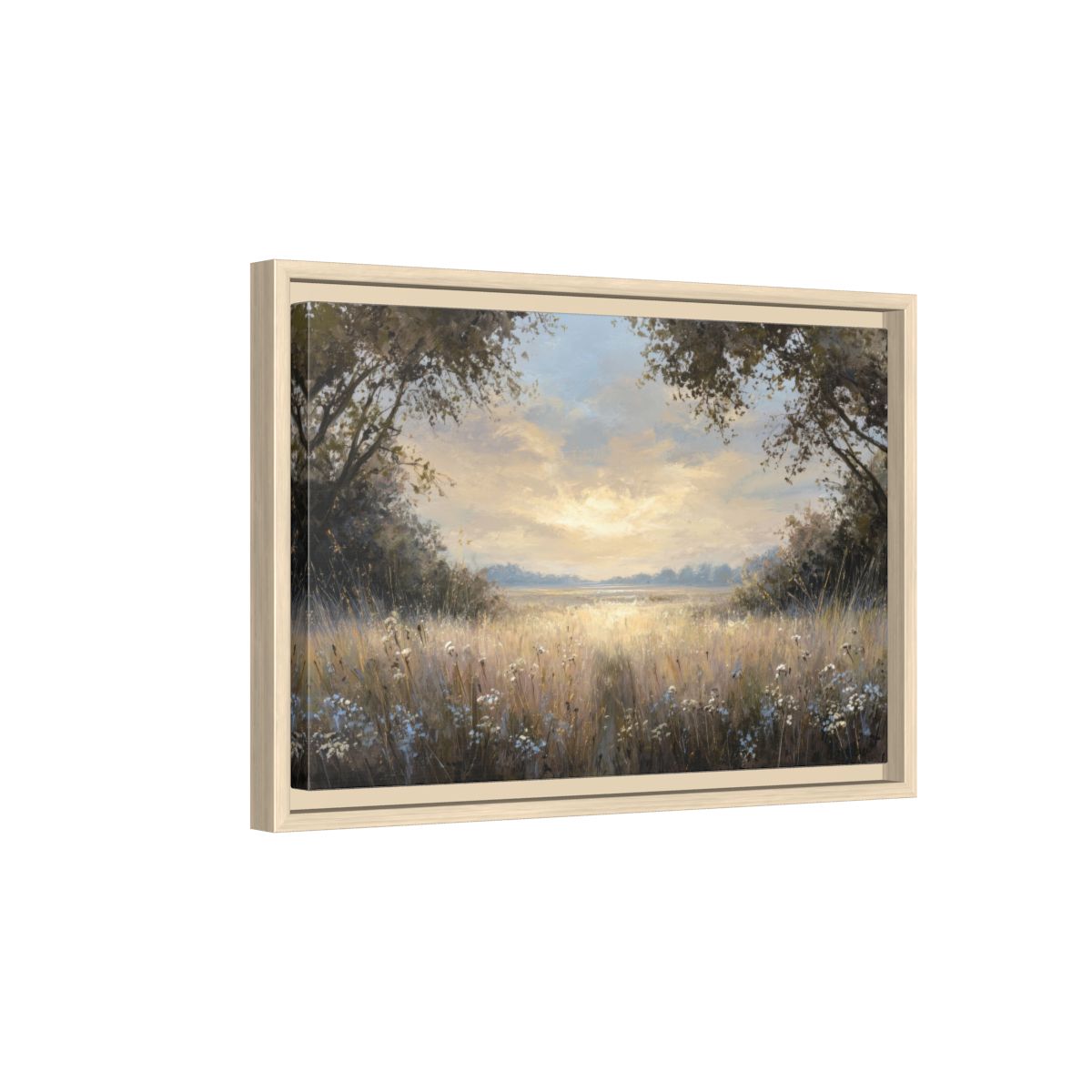 Sunlit Meadow Landscape Canvas Wall Art – natural wood framed canvas