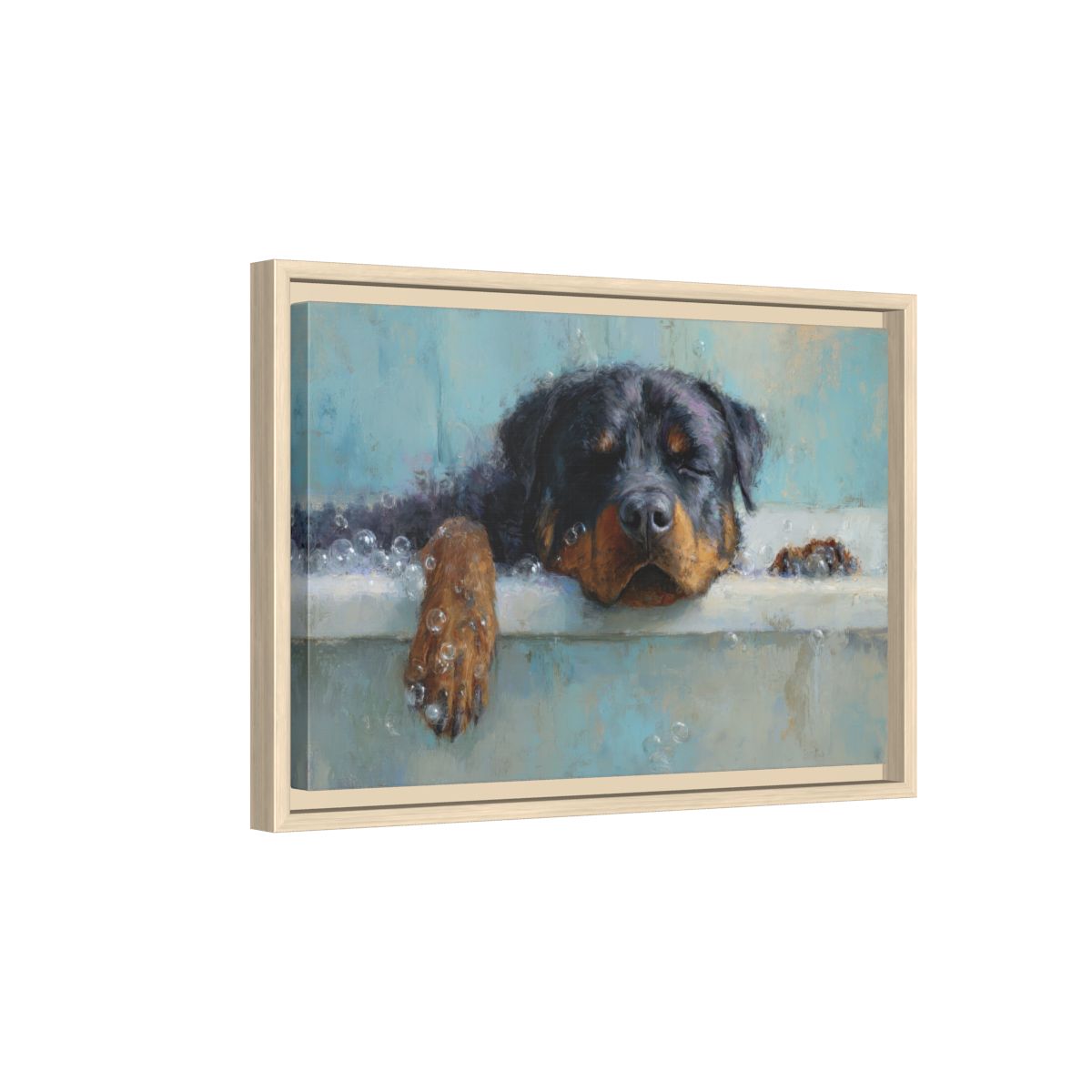 Rottweiler Bath Time Art Print – natural wood framed canvas