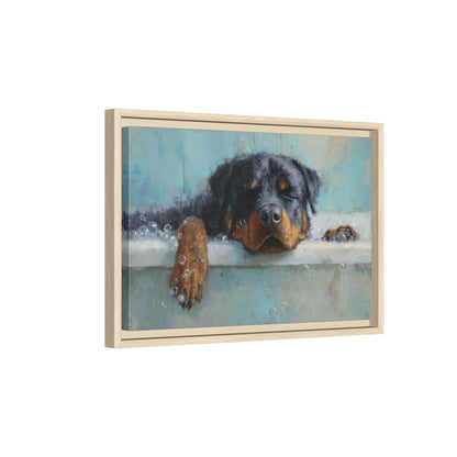 Rottweiler Bath Time Art Print – natural wood framed canvas