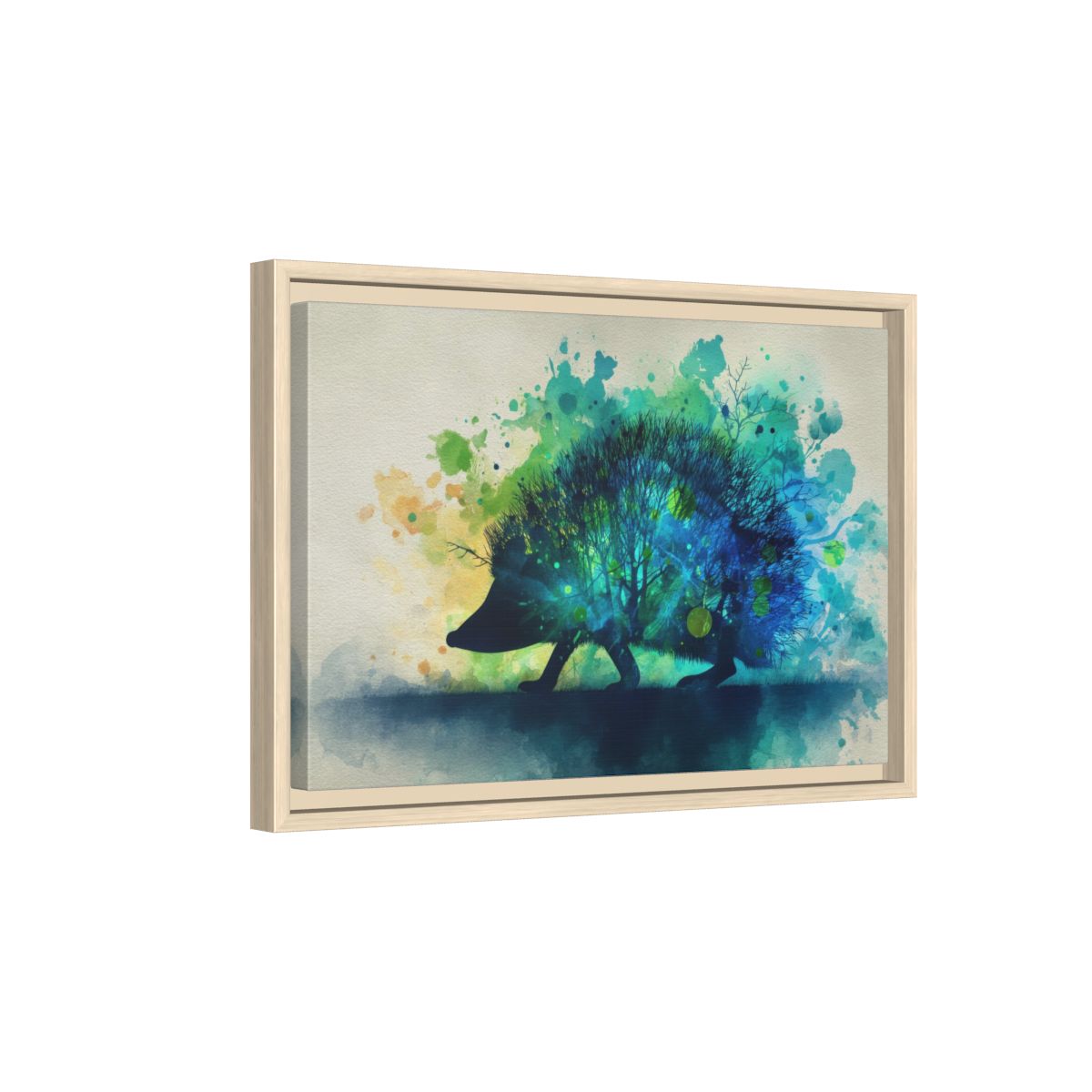Hedgehog Watercolor Wall Art – natural wood framed canvas