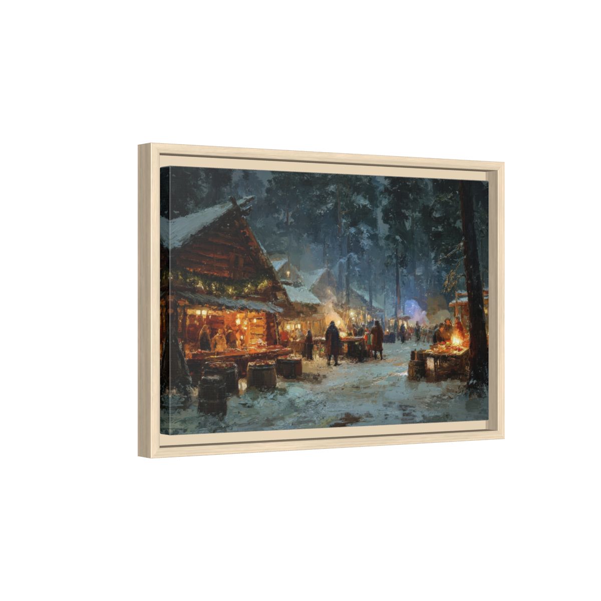 Christmas Market Canvas Print – natural wood framed canvas