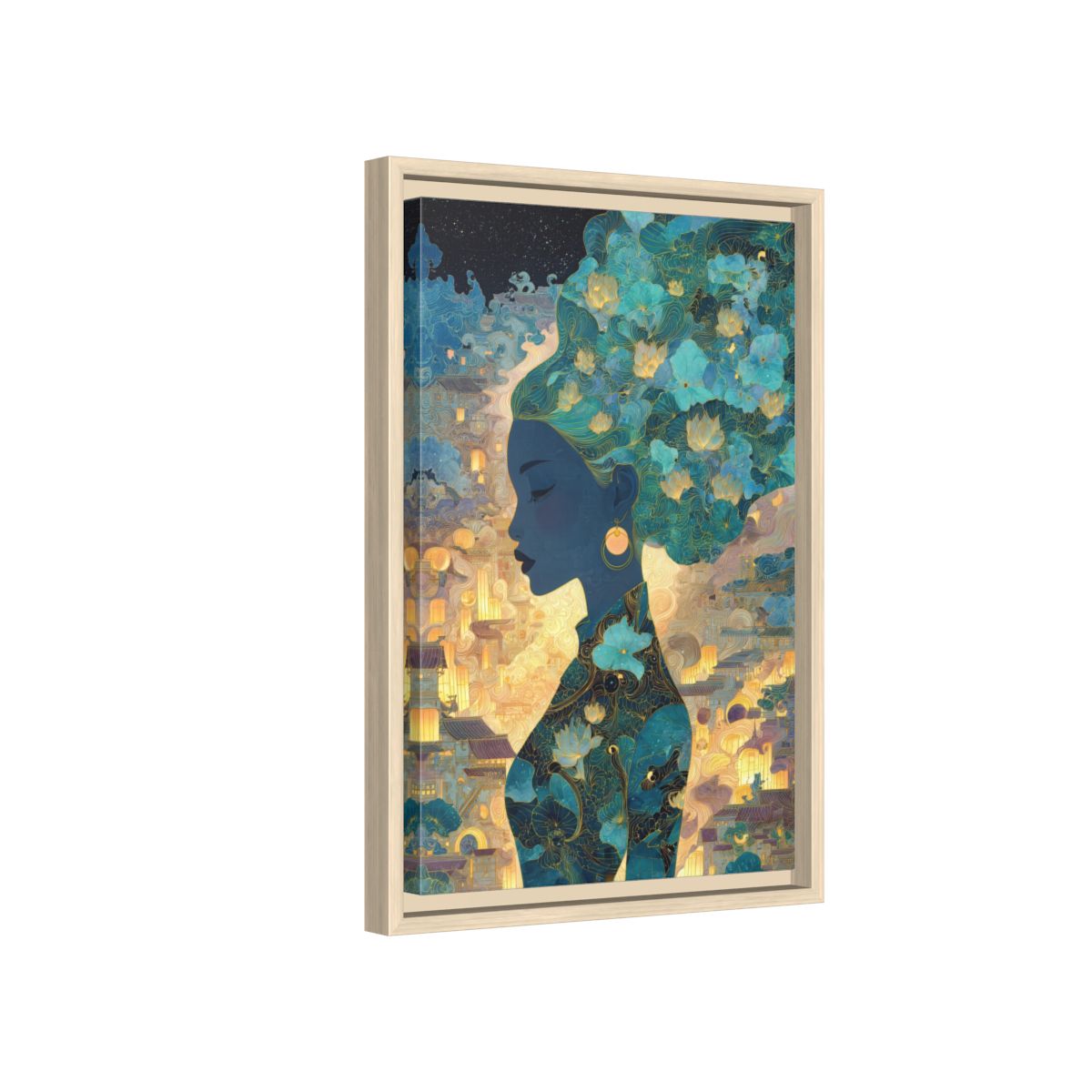 Asian Woman Silhouette Canvas Wall Art – natural wood framed canvas