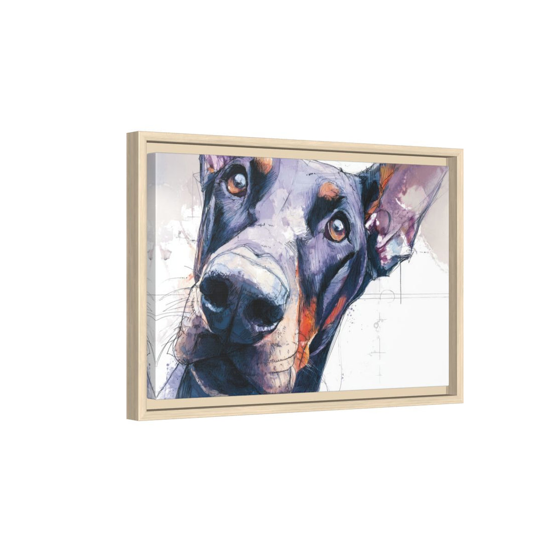 Dobermann Dog Portrait Canvas Art – natural wood framed canvas