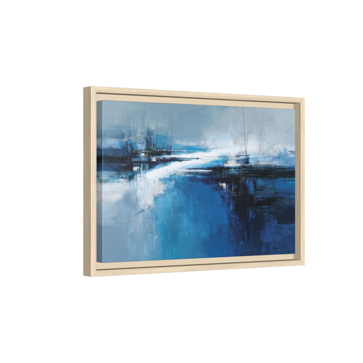 Abstract Blue Ocean Wall Art – natural wood framed canvas