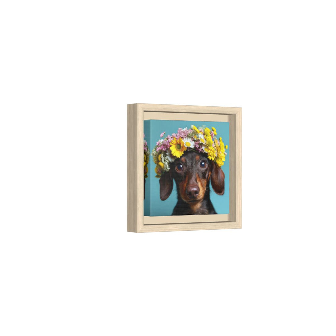 Dachshund Flower Crown Canvas Print – natural wood framed canvas
